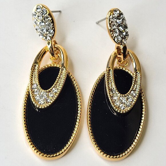 Black and Gold Oval Drop Earrings with Crystals - Picture 4 of 7